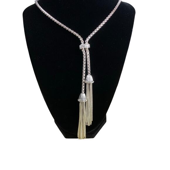 Silver Tone Lariat Style  w  Rhinestone Banded Tassels 20 1/2" Necklace - Picture 1 of 7